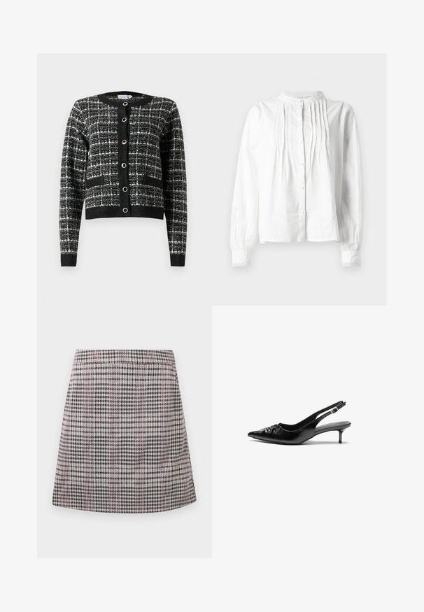 Zwart-wit gestreepte cardigan met een ronde halslijn, knoopsluiting aan de voorkant, twee zakken en geribbelde mouwen, gemaakt van een textuurstof.; Witte blouse met lange mouwen en staande kraag, verticale plooien aan de voorkant, knoopsluiting en gekantte manchetten.; Geruite mini-jurk in tinten paars, zwart en wit, met een elastische tailleband en een rechtmodel ontwerp met een gladde textuur.; Zwarte leren slingback hakken met een spitse neus, kleine kittenhak en een decoratieve knoopdetail aan de voorkant. Smooth textuur overal.