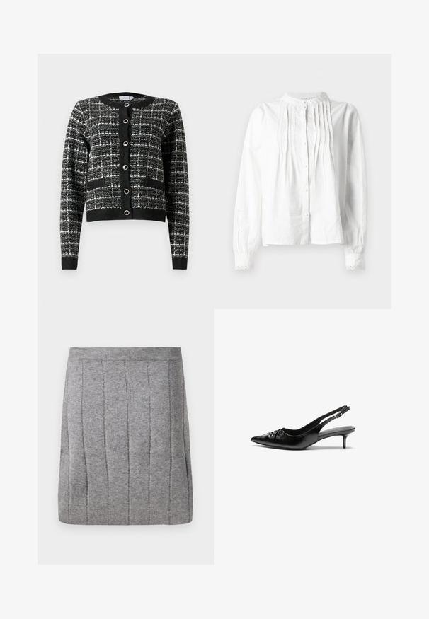 Cardigan noir et blanc à motifs avec un col rond, fermeture à boutons sur le devant, deux poches et poignets côtelés, fabriqué en tissu texturé.; Blouse blanche à manches longues avec col montant, plis verticaux à l'avant, fermeture à boutons et poignets bordés de dentelle.; Object OBJTHESS - Minijupe - medium grey; Escarpins slingback en cuir noir avec bout pointu, petit talon kitten et détail froncé sur le cou-de-pied. Texture lisse et design minimaliste.