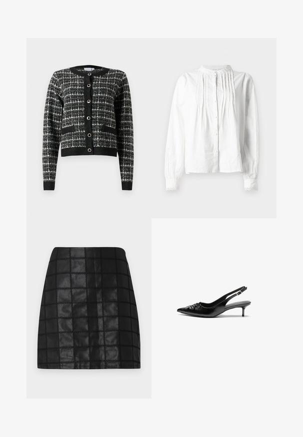 Svart og hvit mønstret cardigan med rund hals, frontlukking med knapper, to lommer og ribbestrikkede mansjetter, laget av teksturert stoff.; Hvit langermet bluse med stående krage, vertikale folder foran, knappelukking og blondebesatte mansjetter.; Svart skinn mini-skjørt med et teksturert rutemønster, med hevet søm og en slank silhuett. Glatt finish forbedrer designet.; Sorte skinnert remsandaler med spiss tå, liten kittenhæl og en dekorativ knute detalj foran. Glatt tekstur gjennom hele.