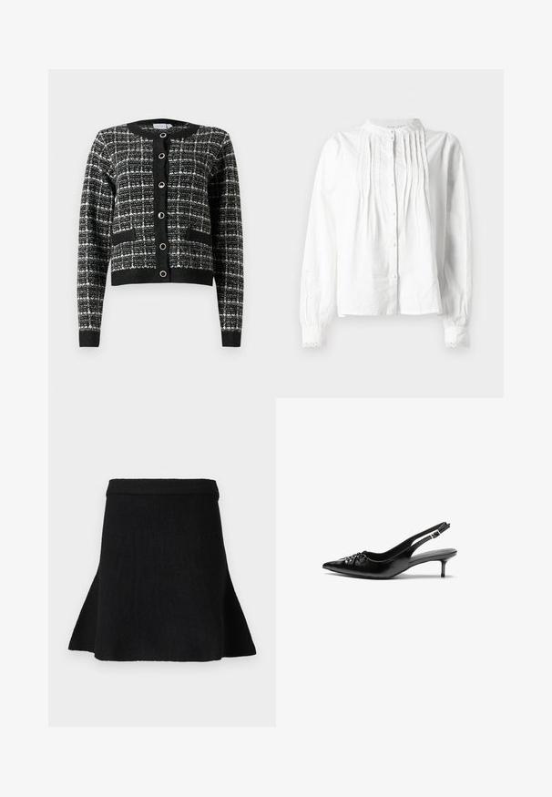 Zwart-wit gestreepte cardigan met een ronde halslijn, knoopsluiting aan de voorkant, twee zakken en geribbelde mouwen, gemaakt van een textuurstof.; Witte blouse met lange mouwen en staande kraag, verticale plooien aan de voorkant, knoopsluiting en gekantte manchetten.; Zwarte gebreide rok met een uitlopende rand, voorzien van een ribbelband. De textuur is glad, zonder zichtbare patronen of accenten.; Zwarte leren slingback hakken met een spitse neus, kleine kittenhak en een decoratieve knoopdetail aan de voorkant. Smooth textuur overal.