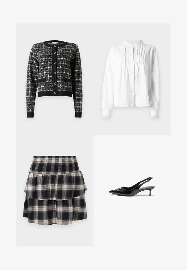 Melnā un baltā rakstainā kardigāna ar apaļu kakla izgriezumu, priekšējo pogu aizdari, divām kabatām un ribotām piedurknēm, izgatavots no strukturēta auduma.; Balta garo piedurkņu blūze ar stāvo apkakli, vertikālām krokām priekšā, pogu aizdari un mežģīņu apmali pie piedurknēm.; Melnbalts svītrots divu slāņu svārki ar gumijas jostu. Iezīmēts ar viļņotiem slāņiem un mīkstu kokvilnas tekstūru.; Melni ādas sandales ar norādītu pirkstu, mazu kaķa papēdi un dekoratīvu mezglu detaļu priekšā. Gluda tekstūra visā virsmā.