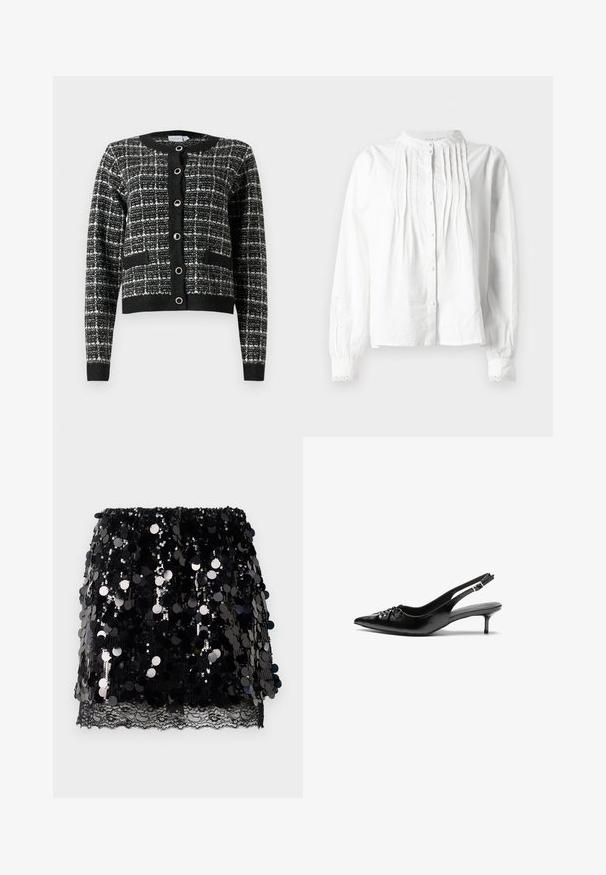 Cardigan a righe bianco e nero con scollatura rotonda, chiusura anteriore a bottoni, due tasche e polsini a costine, realizzato in tessuto testurizzato.; Blusa bianca a maniche lunghe con colletto a stand, pieghe verticali sul davanti, chiusura con bottoni e polsini rifiniti in pizzo.; Gonna mini nera con grandi paillettes lucide sovrapposte a un delicato pizzo nero lungo l'orlo, distesa su sfondo bianco.; Tacchi slingback in pelle nera con punta affusolata, piccolo tacco kitten e un dettaglio a nodo decorativo sulla parte anteriore. Texture liscia su tutta la superficie.