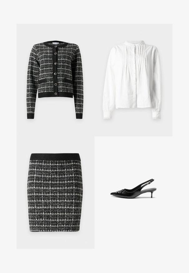 Fekete-fehér mintás kardigán kerek nyakkivágással, elöl gombos záródással, két zsebbel és bordás mandzsettákkal, textúrált anyagból készült.; Fehér, hosszú ujjú blúz álló gallérral, függőleges redőzéssel elöl, gombos záródással és csipke díszítésű mandzsettával.; Fekete-fehér kockás szoknya struktúrált anyagból, fekete derékkal és testhez simuló sziluettel.; Fekete bőrből készült slingback magassarkú cipők hegyes orral, kis francia sarokkal és díszes csomóval az elején. Az egész felületen sima textúra.