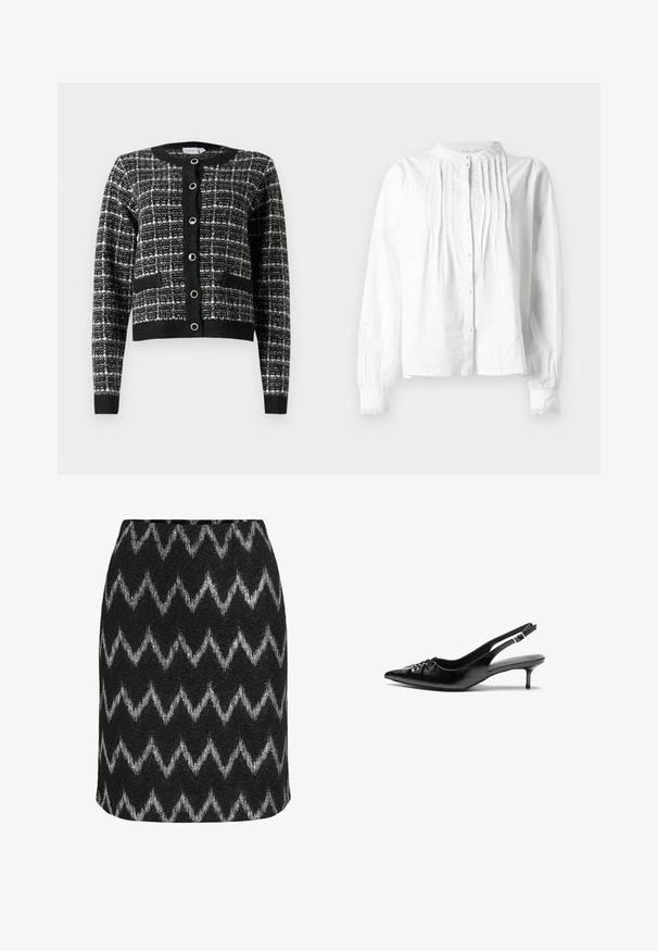 Cardigan cu model alb-negru, cu guler rotund, închidere cu nasturi în față, două buzunare și mansete cu model din tricot, realizat dintr-un material texturat.; Bluză albă cu mâneci lungi, cu guler în picioare, plisuri verticale pe față, închidere cu nasturi și manșete cu dantelă.; Fustă neagră cu un model zigzag argintiu, realizată dintr-un material texturat, cu o siluetă conică și tiv drept.; Cizme slingback din piele neagră, cu vârf ascuțit, toc mic de tip kitten heel și un detaliu decorativ sub formă de nod în față. Textură netedă pe întreaga suprafață.
