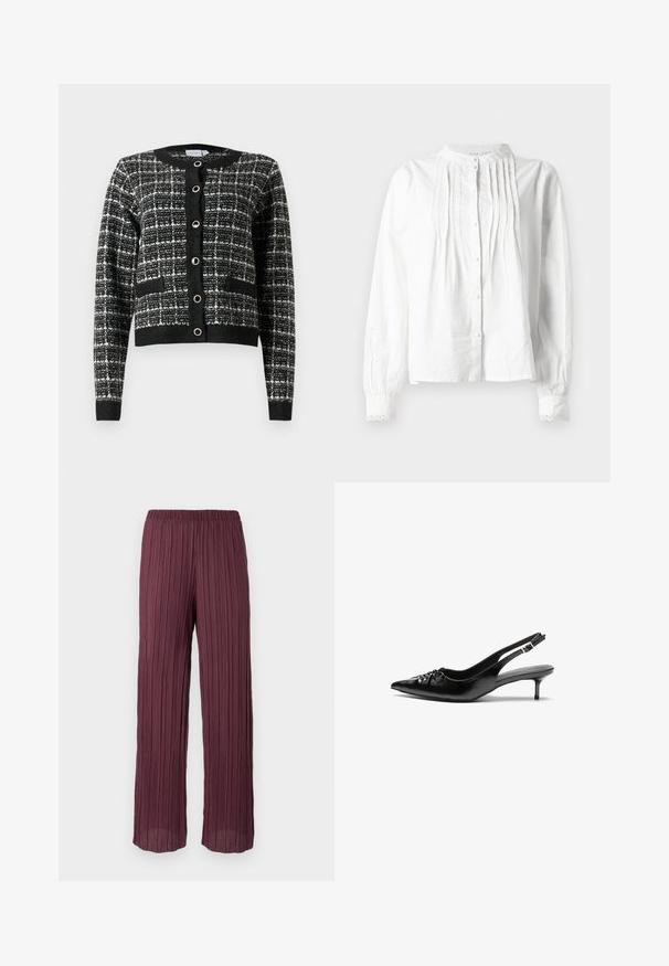 Kardigan u crno-bijelom uzorku s okruglim izrezom, prednjim kopčanjem na gumbe, dva džepa i rebrastim manžetama, napravljen od teksturirane tkanine.; Bijela bluzica dugih rukava s uspravnim ovratnikom, vertikalnim nabranim detaljima na prednjem dijelu, zatvaranjem na gumbi i čipkastim rubovima manžeta.; Nabrane hlače u tamnoj burgundi s elastičnim pojasom, s lepršavim, širokim nogavicama i vertikalnim naborima kroz cijelu dužinu.; Crne kožne sandale na petu s ikkrenim nosom, malom kitten petom i dekorativnom mašnom sprijeda. Glatka tekstura svuda.