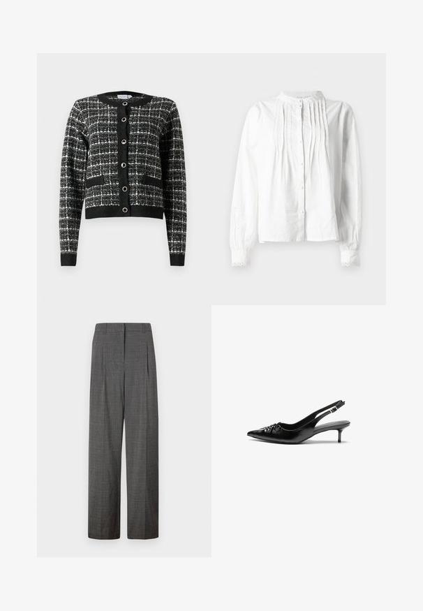 Black and white patterned cardigan with a round neckline, front button closure, two pockets, and ribbed cuffs, made of textured fabric.; White long-sleeve blouse with stand collar, vertical pleats on front, button closure, and lace-trimmed cuffs.; Vero Moda VMSIKITA WIDE DAD PANT - Trousers - medium grey/black; Black leather slingback heels with a pointed toe, low kitten heel, and gathered detail on the vamp. Smooth texture and minimalist design.