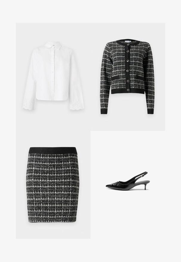 Juodai-baltas raštuotas kardiganas su apvalia iškirpte, priekiniais sagų užtrauktukais, dviem kišenėmis ir ribotu rankogaliu, pagamintas iš tekstūruoto audinio.; Balta marškiniai su atverstais apykaklėmis, ilgomis rankovėmis, kurių kraštai yra banguoti ir išsiuvinėti gėlių raštais ant rankogalių.; Juodai-baltos langelių raštas sijonas su tekstūruotu audiniu, su juodu juosmeniu ir prigludusia siluetu.; Juodos odinės slingback aukštakulniai su smailiu nosiu, mažais katės kulnais ir dekoratyvine mazgo detale priekyje. Visas paviršius lygus.