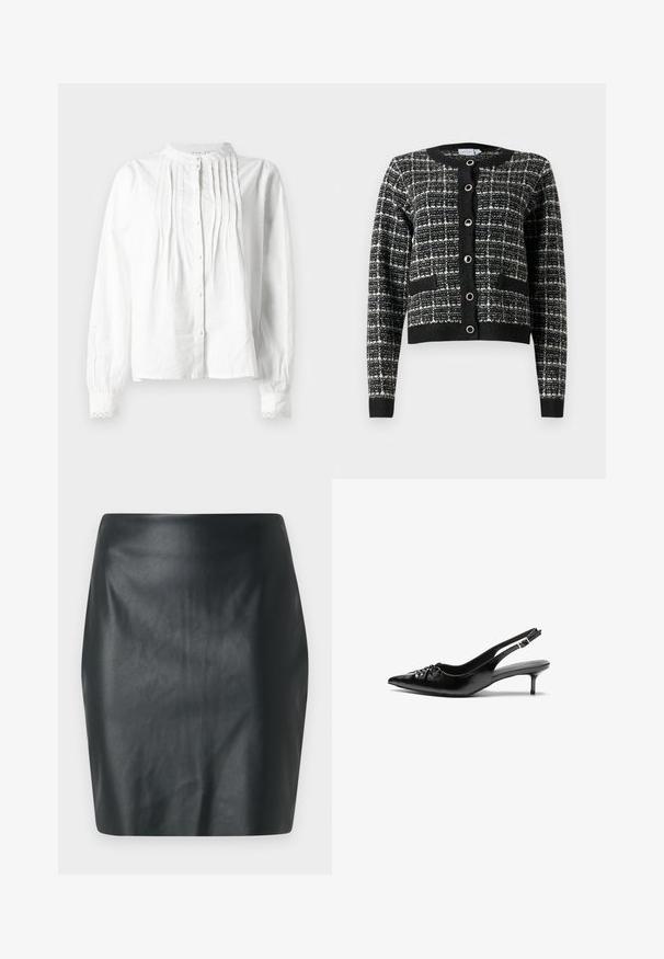 Svart och vit mönstrad cardigan med rund halsringning, framknäppning, två fickor och ribbade ärmslut, tillverkad av texturerat tyg.; Vit långärmad blus med ståkrage, vertikala veck på framsidan, knappstängning och spetsdekorerade ärmslut.; Svart imitationsläder mini kjol med en slät textur, smal passform och rak skärning. Inga synliga detaljer eller utsmyckningar.; Svarta läder slingback klackar med spetsig tå, liten kittenklack och en dekorativ knutdetalj på framsidan. Slät textur hela vägen.