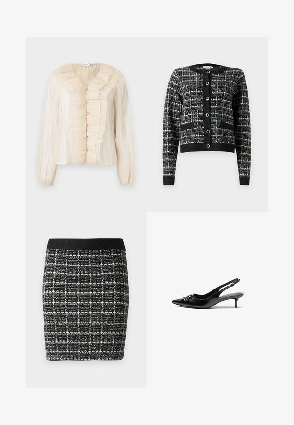 Sort og hvid mønster cardigan med rund halsudskæring, frontlukning med knapper, to lommer og ribbede manchetter, lavet af tekstureret stof.; Cremefarvet bluse med flæsekrave og front, knaplukninger, lange ærmer og blød tekstur. Accenter i matchende tone.; Sort-hvid ternet nederdel med et tekstureret stof, der har en sort talje og en tætsiddende silhuet.; Sorte læderslippers med spidse tæer, lille kitten hæl og en dekorativ knude detalje foran. Glat tekstur hele vejen rundt.