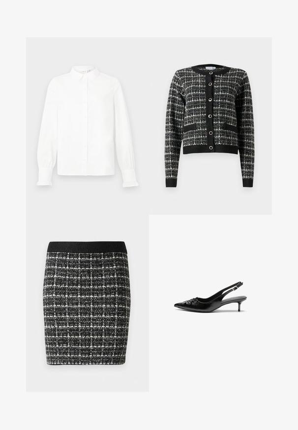 Svart och vit mönstrad cardigan med rund halsringning, framknäppning, två fickor och ribbade ärmslut, tillverkad av texturerat tyg.; Vit långärmad skjorta med krage och volangdetaljer vid ärmsluten, visad mot en enkel ljusgrå bakgrund.; Svart- och vitrutigt kjol med en texturerad tyg, med en svart midja och en figurnära silhuett.; Svart läderslingback med spetsig tå, låg klack i kattunge-stil och veckdetalj på framdelen. Slät textur och minimalistisk design.