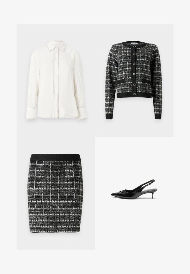 Czarny i biały sweter w wzory z okrągłym dekoltem, z przodu na guziki, z dwiema kieszeniami i ściągaczami, wykonany z teksturowanej tkaniny.; Biała koszula z długim rękawem, wykonana z gładkiego materiału, z zapięciem na guziki, spiczastym kołnierzykiem oraz kontrastowym czarnym przeszyciem wzdłuż pliski i mankietów.; Czarna i biała spódnica w kratę z teksturowanej tkaniny, z czarnym pasem w talii i dopasowanym krojem.; Czarne skórzane szpilki na ramiączku z ostrym noskiem, małym słupkiem i ozdobnym węzłem z przodu. Gładka faktura na całej powierzchni.