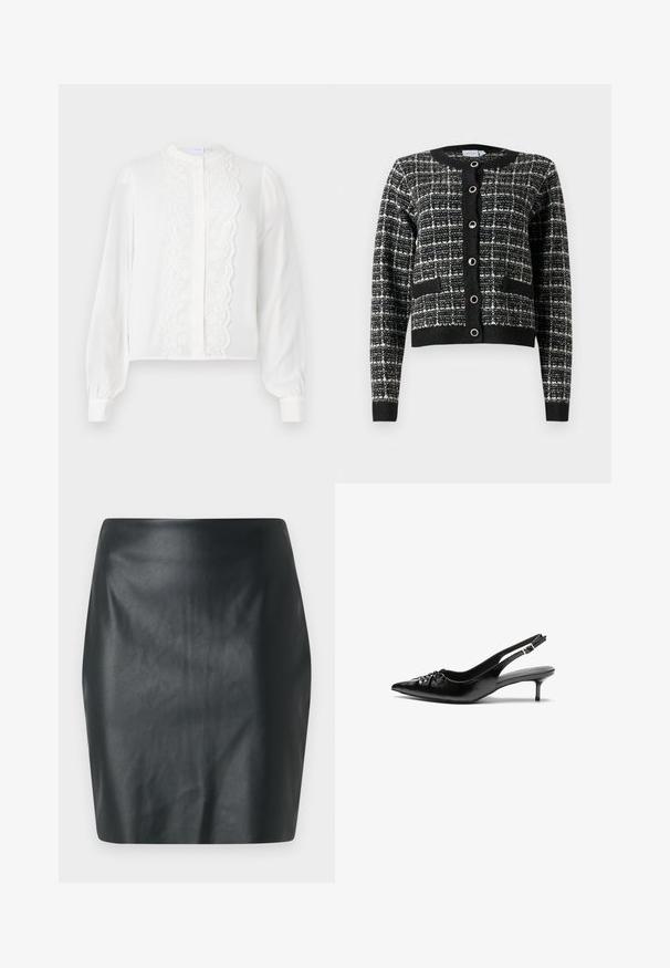 Schwarz-weißer gemusterter Cardigan mit rundem Ausschnitt, vorderer Knopfleiste, zwei Taschen und gerippten Bündchen, aus strukturiertem Stoff gefertigt.; Weißes Langarmbluse mit rundem Kragen, verfügt über ein zentrales Spitzenelement und eine Knopfleiste, sowie geraffte Ärmelabschlüsse.; Schwarzer Kunstleder-Minirock mit glatter Textur, schmaler Passform und geradem Schnitt. Keine sichtbaren Beschläge oder Verzierungen.; Schwarze Leder-Slingback-Absätze mit einer spitzen Zehenform, kleinen Kitten-Absätzen und einem dekorativen Knoten-Detail auf der Vorderseite. Glatte Textur über die gesamte Fläche.