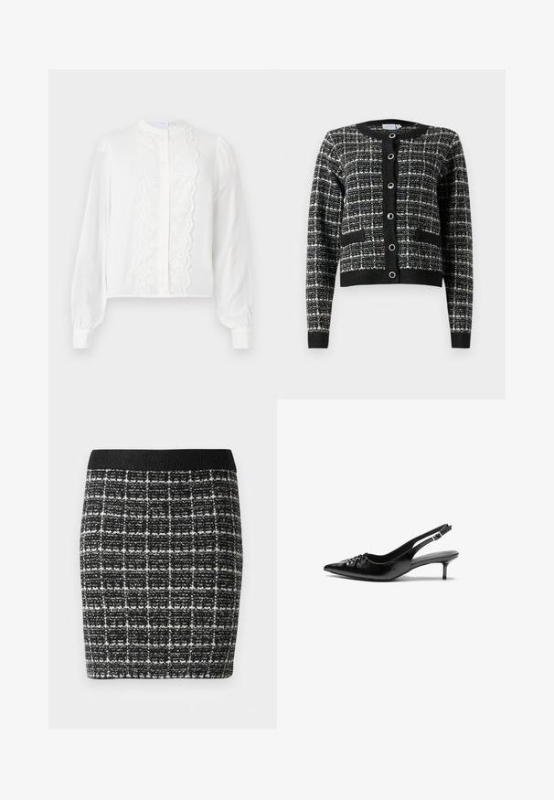 Melnā un baltā rakstainā kardigāna ar apaļu kakla izgriezumu, priekšējo pogu aizdari, divām kabatām un ribotām piedurknēm, izgatavots no strukturēta auduma.; Balta garām piedurknēm bluze ar apaļu apkakli, satur centrālo mežģīņu paneli un pogu priekšpusi, kā arī savilktas piedurknes pie aprocēm.; Melnā un baltā kvadrātveida svārki ar teksturētu audumu, ar melnu jostasvietu un pieguļošu siluetu.; Melni ādas sandales ar norādītu pirkstu, mazu kaķa papēdi un dekoratīvu mezglu detaļu priekšā. Gluda tekstūra visā virsmā.