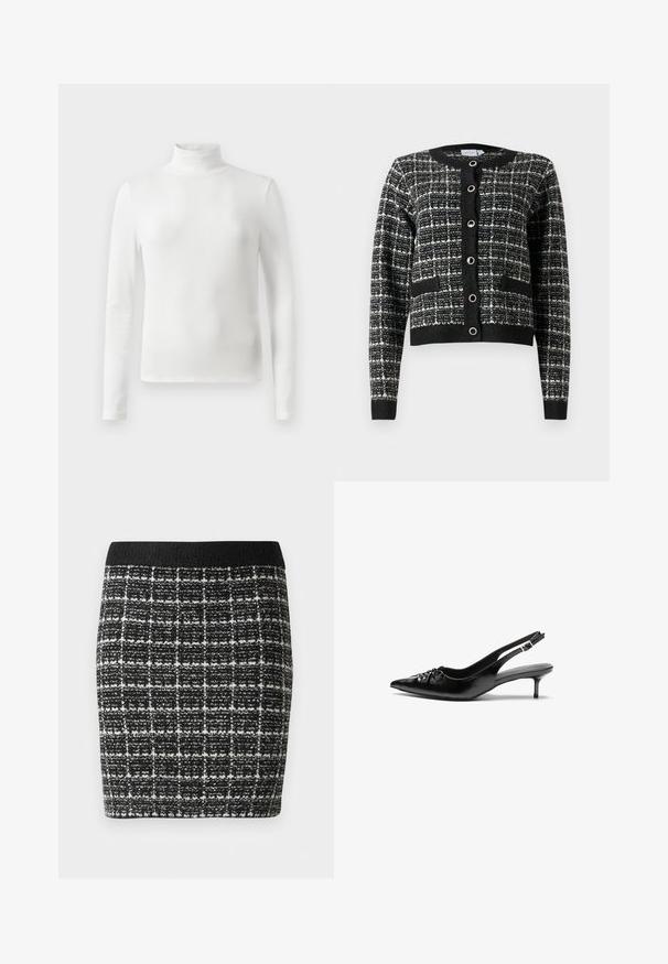 Černobílé vzorované kardigan s kulatým výstřihem, předním zapínáním na knoflíky, dvěma kapsami a žebrovanými manžetami, vyrobený z texturované tkaniny.; Bílý rolák s dlouhým rukávem, vyrobený z žebrované tkaniny, s úzkým střihem a minimalistickým designem. Bez viditelných vzorů nebo akcentů.; Černobílá kostkovaná sukně s texturovanou látkou, vybavená černým páskem a přiléhavým střihem.; Černé kožené lodičky na slingback s špičatou špičkou, malým podpatkem typu kitten a ozdobným uzlem na přední straně. Hladký povrch po celém obvodu.