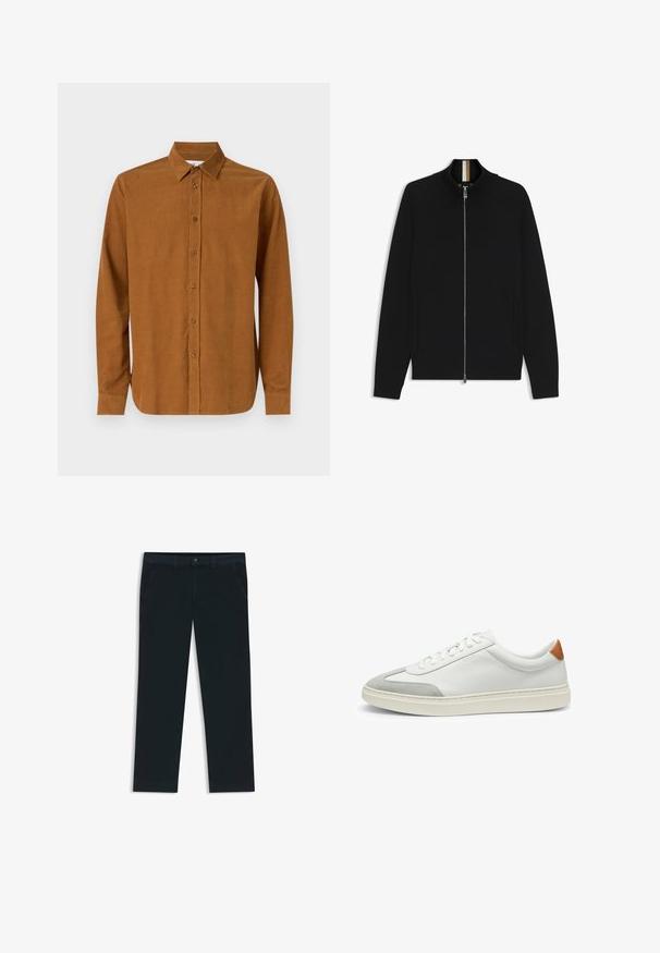 Schwarze Zip-Jacke mit strukturiertem Kragen, Raglanärmeln, zwei seitlichen Taschen und einer glatten Textur. Verfügt über einen kontrastierenden Innenkragen.; Braun langärmliges Hemd mit Knopfleiste, aus glattem Stoff gefertigt, mit einem klassischen Kragen und sieben Frontknöpfen, sowie mit geraden Manschettenärmeln.; Dunkelblaue Chinos aus einer Baumwollmischung. Merkmale sind Gürtelschlaufen, Vordertaschen und ein Reißverschluss mit Knopfverschluss.; Weiße Leder-Sneaker mit grauen Wildlederakzenten und einer sandfarbenen Lederfersenschlaufe. Sie verfügen über eine strukturierte Oberfläche und eine leichte Sohle.