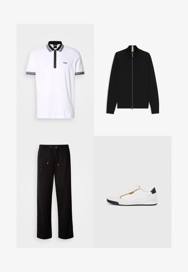 Mustaa vetoketjullista takkia, jossa on ribattu kaulus, raglan-hihat, kaksi sivutaskua ja sileä pinta. Takissa on kontrastivärinen sisäkaulus.; Valkoinen polo-paita, jossa on mustat ja harmaat kaulus- ja hiusreunat, vetoketjukiinnitys sekä brodeerattu "BOSS"-logo vasemmassa rinnassa.; Musta, löysästi istuva collegehousut, jotka on valmistettu pehmeästä kankaasta. Niissä on joustava vyötärö, jossa on naru ja sivutaskut.; Valkoiset urheilukengät, joissa on verkkokudosta ja nahkaosia. Varustettu kultaisella "BOSS"-logolla, tekstuurillisilla sivupaneeleilla ja mustalla kantapäällä. Kumikanta.