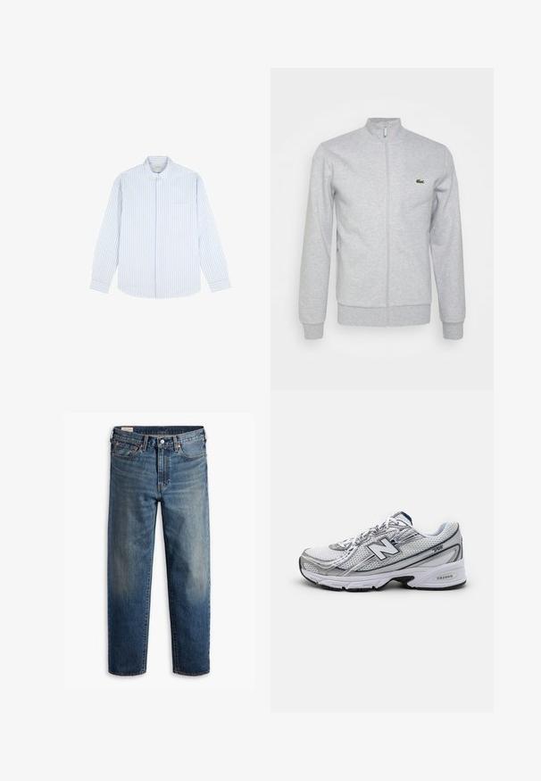 Lys grå zip-up jakke lavet af blød stof, med en tætsiddende krave og ribbede manchetter. Et lille grønt logo er på venstre bryst.; Scalpers RELAXED - Skjorter - white stripes; Blå denim jeans med lige ben og klassisk fem-lomme design, knaplukning og en let falmet vask på lår og knæ.; New Balance atletik sko med et mesh-overdel, overvejende hvid med grå og marineblå accenter, der har en polstret sål og teksturerede detaljer.