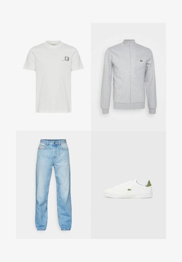 Svijetlo siva jakna na patentni zatvarač izrađena od mekog materijala, s prilagođenim ovratnikom i rebrastim manžetama. Mali zeleni logo nalazi se na lijevoj strani prsnog koša.; Bijela pamučna majica s okruglim izrezom i kratkim rukavima. Ima mornarsko plavu grafiku logotipa i tekst na lijevoj strani prsnog područja.; Svijetloplave traperice, ravnog kroja, s pet džepova i vidljivim dugmetom na prednjem dijelu, sa kontrastnim šavovima.; Bijele tenisice s glatkom teksturom, s zelenim akcentom na peti i malim izvezenim logotipom krokodila sa strane.