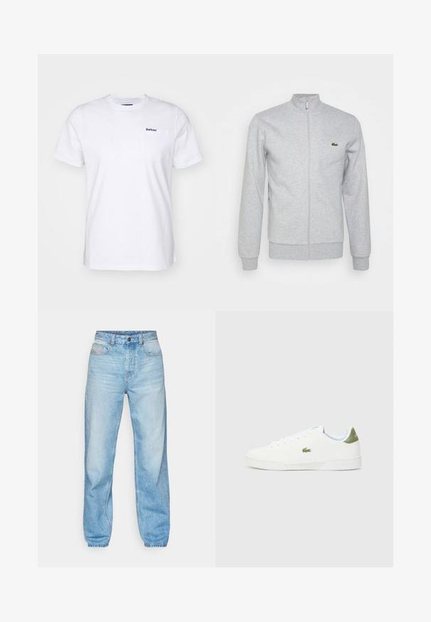 Hõbehallist pehme materjalist lukuga jope, millel on slim-fit krae ja soonikkoes varrukad. Vasakul rinnal on väike roheline logo.; Valge puuvillane T-särk, millel on ümar kaelus, lühikesed varrukad ja vasakul rinnal tasku, kus on tumesinise värviga "Barbour" logo. Sile tekstuur.; Heledad sinised teksad, mis on valmistatud denimist, sirge lõikega, viie taskuga disainiga ning nähtava nööbiga, millel on kontrastne õmblus.; Valged tossud siledast materjalist, millel on roheline aktsent kannaosas ja väike tikandiga krokodillilogo külgedel.
