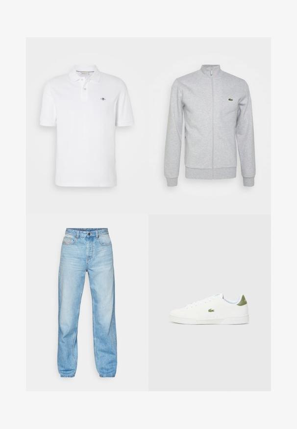 Harmaa vetoketjullinen takki, joka on valmistettu pehmeästä kankaasta. Takissa on istuva kaulus ja ribbed-hihansuut. Vasemmassa rinnassa on pieni vihreä logo.; Valkoinen poolopaita, joka on valmistettu puuvillasta, klassisella kauluksella, lyhyillä hihoilla ja pienellä brodeeratulla logolla vasemmassa rinnassa.; Vaaleansiniset farkut, joissa on suora leikkaus, viisi taskua ja näkyvä nappikiinnitys, jossa on kontrastivärinen ommel.; Valkoiset tennarit, joissa on sileä pinta, vihreä yksityiskohta kantapäässä ja pieni brodeerattu krokotiililogo sivussa.