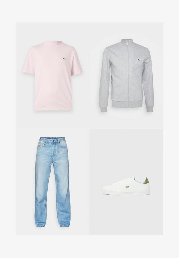Světle šedá zapínací bunda vyrobená z měkké tkaniny, s upraveným límcem a žebrovanými manžetami. Na levé hrudi je malé zelené logo.; Světle růžové bavlněné tričko s krátkým rukávem. Na levé části hrudi má malé zelené vyšívané logo. Kulatý výstřih.; Světle modré džíny vyrobené z denimu, s rovný střihem, pěti kapsami a viditelným zapínáním na knoflíky se kontrastním prošíváním.; Bílé tenisky s hladkým povrchem, s zeleným akcentem na patě a malým vyšívaným logem krokodýla na boku.