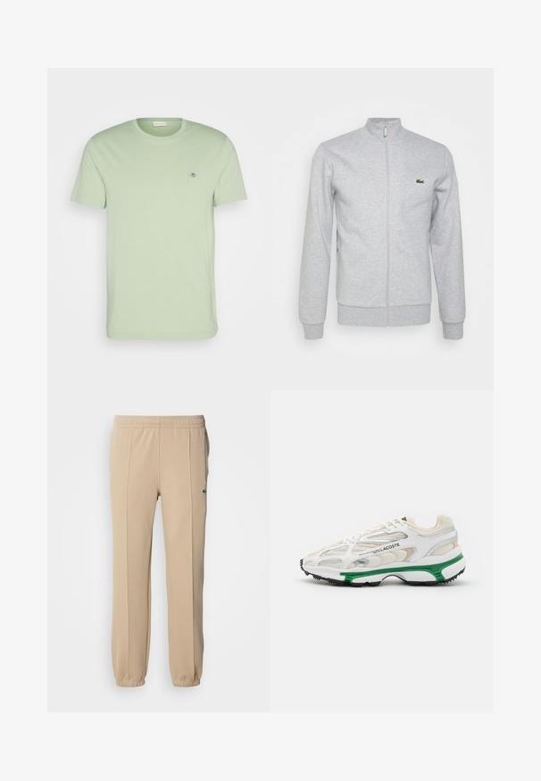 Light gray zip-up jacket made of soft fabric, featuring a fitted collar and ribbed cuffs. A small green logo is on the left chest.; GANT SHIELD - Basic T-shirt - milky matcha; Lacoste Tracksuit bottoms - viennese; White sneaker with green accent and black rubber sole. Features mesh and synthetic panels, with a textured finish and visible stitching.