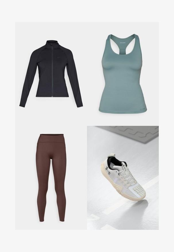 Černá dlouhá zipová bunda s vysokým límcem, vyrobená z hladkého, elastického materiálu, s raglánovými rukávy a minimálním logem.; Svetle tyrkysová tílko s designem na zádech. Hladký povrch a přiléhavý střih. Obsahuje minimální branding na lemu.; Hnědé legíny s vysokým pasem vyrobené z hladké, elastické tkaniny. Mají přiléhavý střih a bezšvový vzhled podél švů.; Bílé sportovní boty s texturovaným síťovaným svrškem, černým interiérem a béžovou gumovou podrážkou s vzorovaným gripem. Akcentované jemnými detaily.