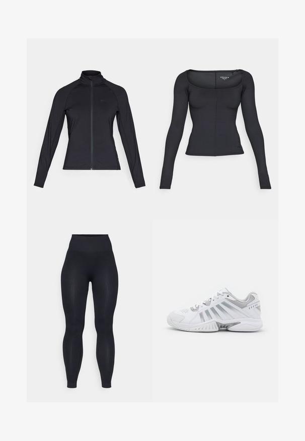 Černá dlouhá zipová bunda s vysokým límcem, vyrobená z hladkého, elastického materiálu, s raglánovými rukávy a minimálním logem.; Černý dlouhý rukáv top s čtvercovým výstřihem, ribovanou texturou, přiléhavým střihem a malým logem na lemu.; Černé žebrované legíny s vysokým pasem, vyrobené z elastického materiálu. Mají hladký povrch s vertikálními vzory po celém povrchu.; Bílé sportovní boty s šedými akcenty, texturované síťované panely, ventilační otvory a výjimečný vzor podešve pro lepší trakci.