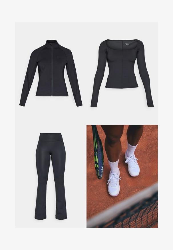 Schwarze, langärmlige Zip-Jacke mit hohem Kragen, aus glattem, dehnbarem Material, mit Raglanärmeln und minimalistischem Logo.; Schwarzes Langarmoberteil mit quadratischem Ausschnitt, geripptem Design, figurbetonter Passform und einem kleinen Logo-Detail am Saum.; Schwarze ausgestellte Leggings aus einem glatten, dehnbaren Stoff. Sie verfügen über einen hohen Taillenbund und seitliche Schlitze am Saum für zusätzliche Details.; Weiße Tennisschuhe mit Netzpaneelen und pinken Akzenten, kombiniert mit weißen Socken, platziert auf einem Sandplatz mit einem nahegelegenen Tennisschläger.