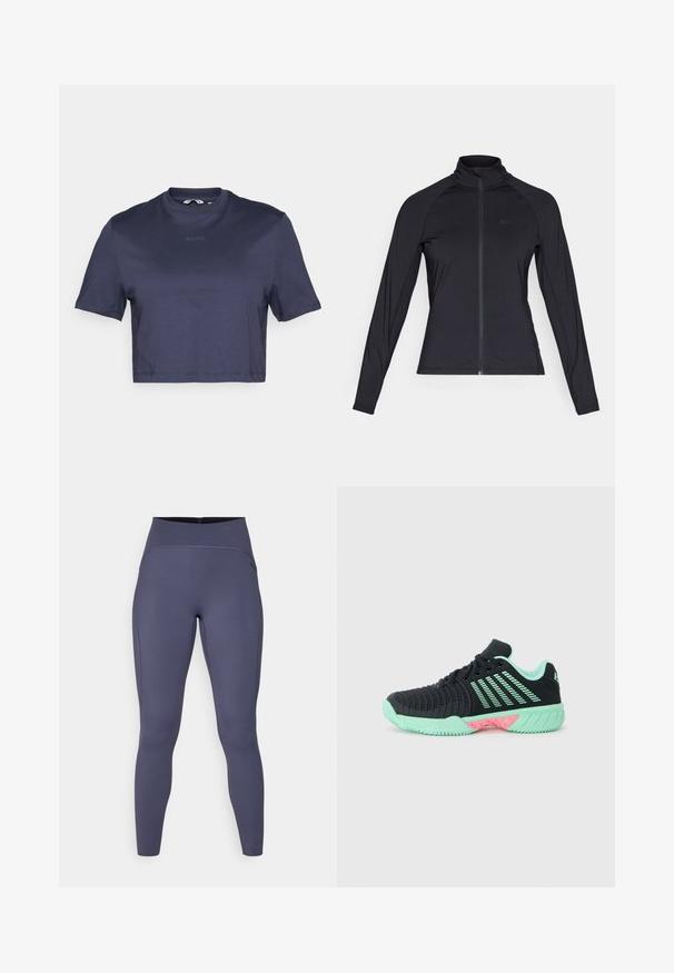 Must küllavarrukatega must zip-up jakki, millel on kõrge kaelus, valmistatud sileda ja venitatava materjali jõududest, millel on raglan-särgiga varrukad ja minimaalne logo.; Tume sinine lühike T-särk, mis on valmistatud siledast kangast, ümar kaelus ja lühikesed varrukad. Esiküljel on peenelt trükitud tekst "BORG".; Kõrge vöökohtadega retuusid tükiks tumedas hallis värvitoonis. Valmistatud venivast kangast, millel on lamedad õmblused ja sobiv, kitsenev jaladisain.; Mustad mustus spordijalats, millel on tekstureeritud pealis, mündiroheline aktsent ja roosa tallapool. Omab kerget konstruktsiooni ja hingavat disaini.