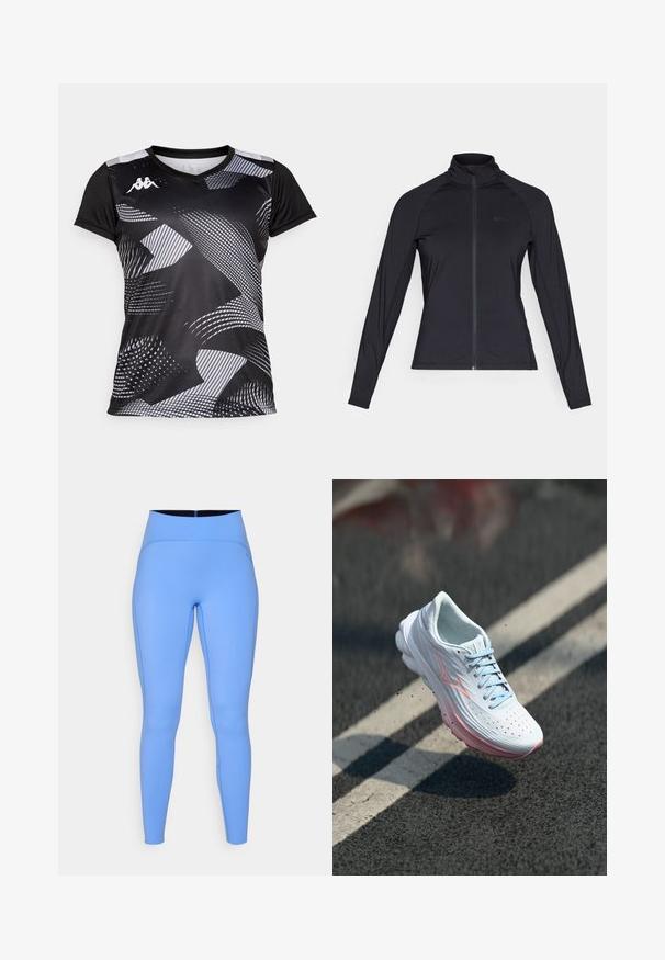 Must küllavarrukatega must zip-up jakki, millel on kõrge kaelus, valmistatud sileda ja venitatava materjali jõududest, millel on raglan-särgiga varrukad ja minimaalne logo.; Mustern vahetus must spordipaita, millel on abstraktsed hallid mustrid. Lühikeste varrukatega ja V-kaelusega. Valmistatud kergest, hingavast materjalist.; Sinised retuusid, mis on valmistatud venivast kangast, kõrge vöökoht, sile tekstuur ja kontrastsed õmblused külgedel.; Valge jooksujalats, millel on helesinised aktsendid, tekstureeritud pealmine osa, ventilatsiooniavad ja pehme roosa tald.