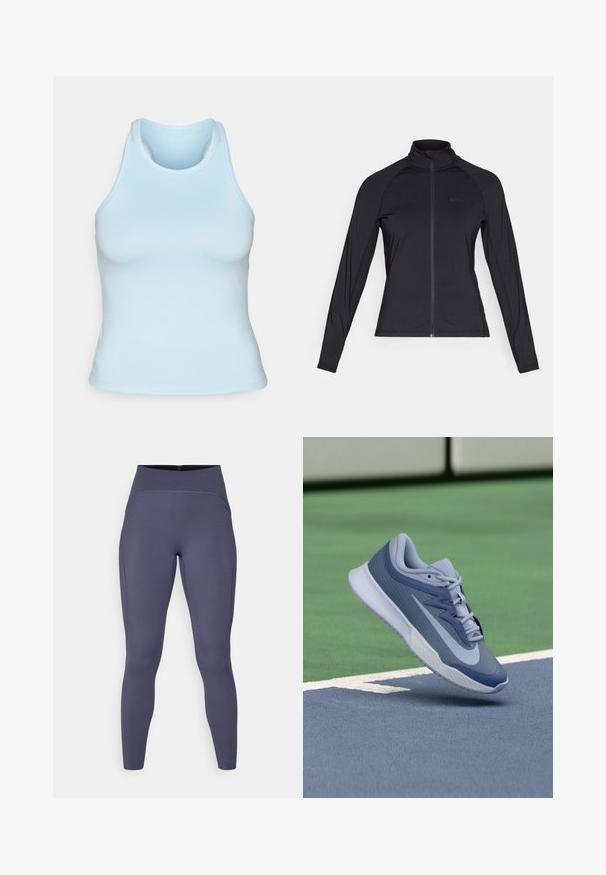 Casaco preto de mangas longas com fecho zip, com um colarinho alto, feito de material suave e elástico, apresentando mangas raglan e um logótipo minimalista.; Top sem mangas de cor azul claro, feito de tecido elástico, com decote redondo e design de costas nadador, apresentando uma silhueta suave e ajustada.; Leggings de cintura alta em uma cor cinza escuro sólida. Feitas de um tecido elástico com costuras planas e um design de perna ajustada e afunilada.; Sapatilhas desportivas em azul claro e azul marinho, com um topo texturizado, atacadores planos e uma sola leve branca. Elevadas acima de uma superfície de campo.