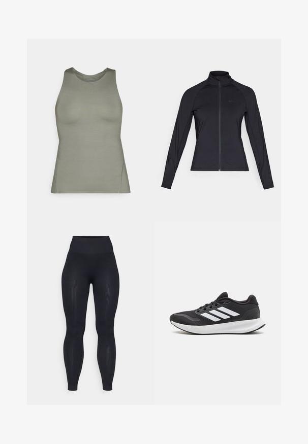 Black long-sleeve zip-up jacket with a high collar, made of smooth, stretchable material, featuring raglan sleeves and a minimal logo.; Olive green tank top made from smooth fabric, featuring a round neckline, sleeveless design, and subtle seam detailing.; Black ribbed leggings with a high waistband, made from stretchy material. Features a smooth texture with vertical patterns throughout.; Black athletic shoe featuring mesh upper, round toe, and three white stripes on the side. Lightweight sole with textured rubber outsole for grip.