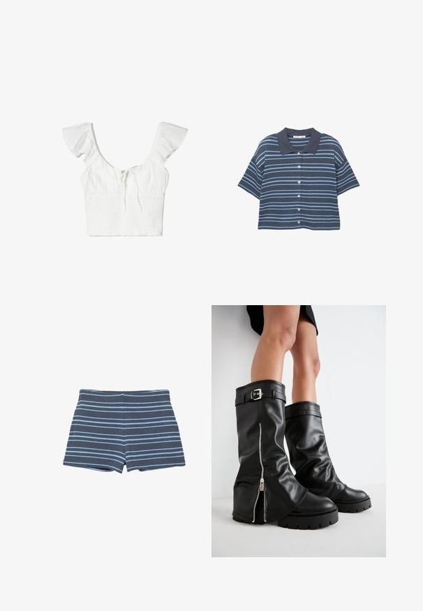 Košulja s kratkim rukavima na gumbe, s tamnoplavim i svijetloplavim horizontalnim prugama i tamnoplavim kragnom, prikazana na bijeloj pozadini.; Bijela kratka majica s kratkim valovitim rukavima, kvadratnim izrezom i detaljem za vezanje sprijeda. Tkanina je mekana s teksturiranim smock efektom.; Tamno plave pletene šortse s svijetloplavim horizontalnim prugama, sa pripijenim pojasom i krojem do sredine bedra.; Crne kožne čizme do koljena s širokim okovratnikom, s bočnim zatvaračem i detaljem od kopče, teksturiranom završnom obradom i debelim gumenenim potplatom.