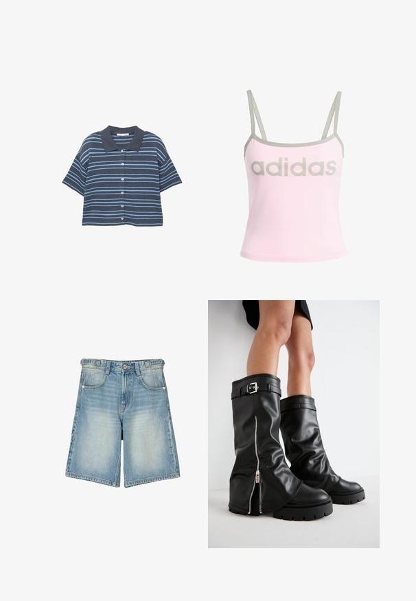 Korte mouw, button-up shirt met donkerblauwe en lichtblauwe horizontale strepen en een donkerblauwe kraag, weergegeven op een witte achtergrond.; Lichtroze tanktop met grijze details en verstelbare spaghettibandjes, met een groot, gecentreerd grijs "adidas" logo. Katoenen materiaal.; Lichte blauwe denim shorts, voorzien van een klassieke vijf-pocketontwerp en een rits met knoopsluiting. Verweerd uiterlijk en schone randen.; Zwarte leren kniehoge laarzen met een brede schacht, voorzien van een zijrits en een gespaccent, met een gestructureerde afwerking en een chunky rubberen zool.