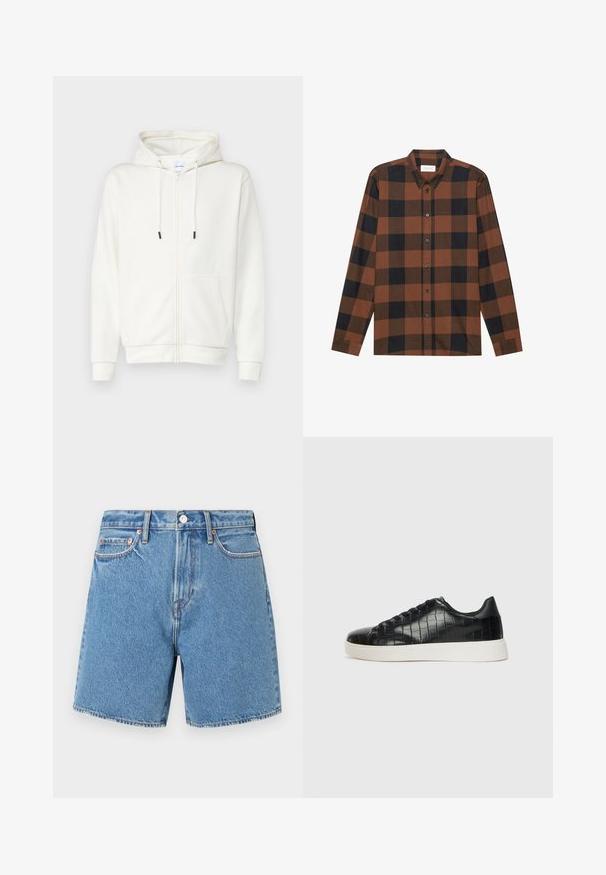 Fehér zippzáros kapucnis pulóver, puha anyagból készül, elülső zsebet, húzózsinórokat és bordás mandzsettákat tartalmaz. Sima textúrájú, minimalista dizájnnal.; Barna és fekete kockás hosszú ujjú ing, gombos gallérral és gombos nyitással; gombos mandzsettákkal rendelkezik.; Világoskék farmer sort. Folyamatos anyag, öt zsebbel, gombos záródással és diszkrét varrással a varratok és a zsebek mentén.; Fekete sportcipő, amely texturált krokodilbőr felsőrésszel, kerek orral és sima felületű, kontrasztos fehér gumitalppal rendelkezik.