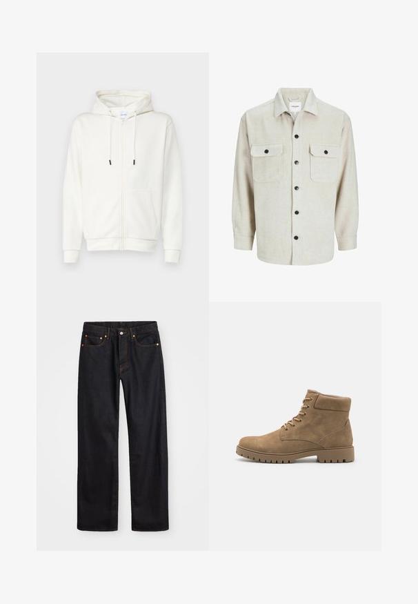 Hvit zip-up hettegenser laget av mykt stoff, med en frontlomme, snorer og ribbestrikkede mansjetter. Jevn tekstur med minimalistisk design.; Beige flanellskjorte med kragehals, to brystlommer, svarte knapper og lange ermer med knappebånd.; Men's straight-leg svarte denim jeans med fem lommer og oransje søm, knapp og glidelås lukking foran på midjen.; Lys brun ankelstøvler i semsket skinn med rund tå, polstret krage, seks par snøringer og en tykk gummisåle med rillede detaljer.