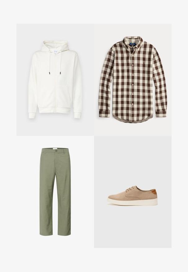 Bela zip-up leta iz mehkega materiala, ki ima sprednjo žeponko, vrvici in rebraste manšete. Gladka tekstura z minimalnim dizajnom.; Srajca z dolgimi rokavi z vzorcem rjave in kremne karo, z gumbi na ovratniku in diskretno vvezanim logotipom na prsih.; Svetlo olivno zeleni hlače, izdelane iz gladkega, lahkega materiala. Imajo sprednji gumb in klasičen kroj ravnih nogavic.; Bež tkanine usnjene superge z zaobljenim nosom, vezalkami na sprednji strani in teksturiranim zadnjim detajlom. Belo gumijasto podplato zagotavlja kontrast. Enostaven in sodoben dizajn.