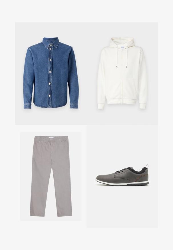 Hanorac alb cu fermoar, realizat dintr-un material moale, având un buzunar frontal, șnururi de ajustare și manșete aranjate. Textură netedă, cu un design minimalist.; Cămașă din denim de culoare albastră medie, cu guler deschis, mâneci lungi și închidere cu butoane argintii pe față. Prezintă o textură netedă.; Pantaloni din bumbac gri deschis, cu talie elastică, două buzunare laterale, design cu picioare drepte și o textură netedă. Detalii simple de cusătură.; Pantofi din piele gri cu accente negre, având vârful rotunjit, design cu șireturi, talpă albă și un mic tab de prindere la călcâi.