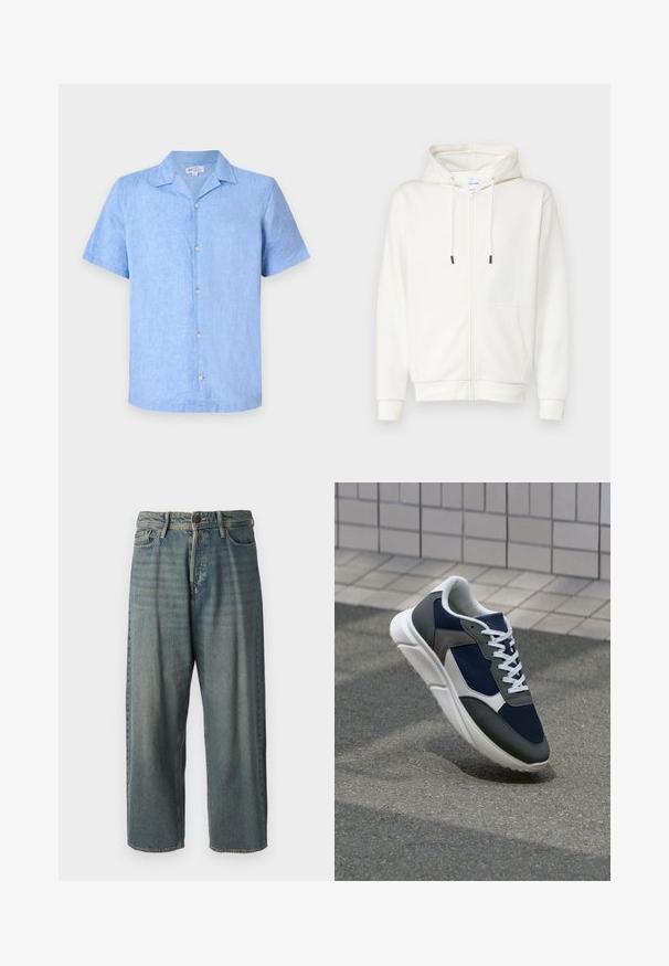 Sweat à zip blanc en tissu doux, avec une poche avant, des cordons de serrage et des poignets côtelés. Texture lisse avec un design minimal.; Chemise à manches courtes en lin bleu clair, avec un col, fermeture à boutons sur le devant et une coupe décontractée. Texture lisse avec un minimum de détails.; Jeans en denim bleu clair avec une coupe ample, taille mi-haute et jambes droites. Comprend cinq poches, des passants de ceinture et une fermeture à bouton.; Baskets avec une tige en mesh bleu marine, des accents en suède gris, une semelle en caoutchouc blanc et des lacets plats blancs, conçues pour le confort et la respirabilité.