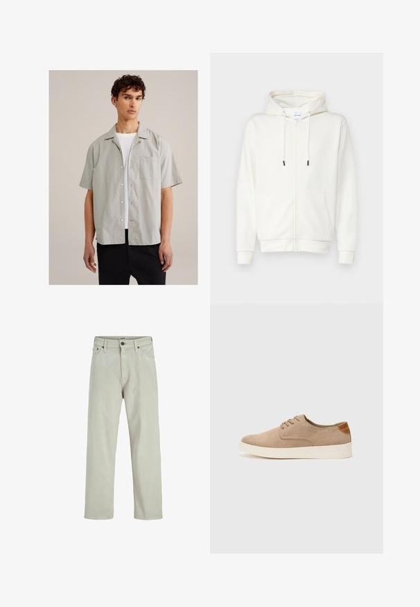 Witte zip-up hoodie gemaakt van zachte stof, met een voorzak, trekkoorden en ribgebreide manchetten. Gladde textuur met een minimalistisch ontwerp.; Lichtgrijze kortearmige shirt van een gladde stof, met een knopenrij aan de voorkant, een puntig kraag en een borstzak. Draag over een wit t-shirt.; Licht beige denim jeans met een recht model, vijf-pocket stijl en een knoopsluiting bij de taille, met minimale stikdetails.; Beige suède sneakers met een ronde neus, vetersluiting aan de voorkant en een getextureerde achteraccent. De witte rubberen zool zorgt voor contrast. Eenvoudig en modern ontwerp.