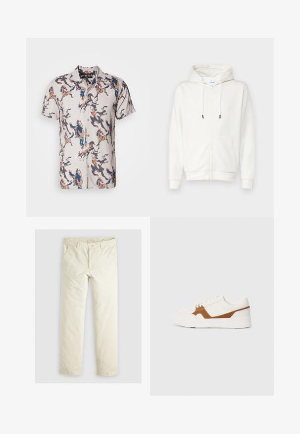 Bela zip-up leta iz mehkega materiala, ki ima sprednjo žeponko, vrvici in rebraste manšete. Gladka tekstura z minimalnim dizajnom.; Kratka majica s kratkimi rokavi iz lahkega materiala s bež osnovo in barvitimi vzorci konj v modrih, rjavih in črnih odtenkih. Spredaj na gumb.; Svetlo bež hlače širokega kroja s tremi žepi, zankami za pas in ravnim krojem. Narejene so iz mešanice mehkega bombaža.; Beli športni copat z rjavimi semenskimi dodatki, z teksturirano površino, okroglo konico, debelim podplatom in tradicionalnim vezalkam.