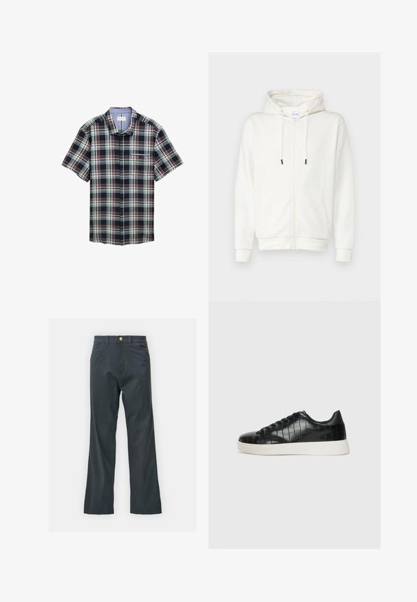 Sweat à zip blanc en tissu doux, avec une poche avant, des cordons de serrage et des poignets côtelés. Texture lisse avec un design minimal.; Chemise à manches courtes à carreaux bleu marine, rouge et vert. Elle présente un devant à boutons, une poche poitrine et un motif à carreaux avec un col contrasté.; Pantalons noirs avec une coupe droite, en tissu mélangé coton. Présentent une fermeture à bouton en métal et des poches latérales. Pas de motifs visibles.; Baskets noires avec un dessus en cuir gaufré effet crocodile, bout rond et semelle en caoutchouc blanc contrastant avec une finition lisse.