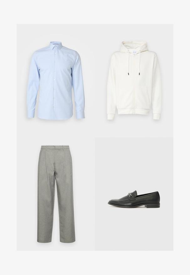 Balta kapuce ar rāvējslēdzēju, izgatavota no mīksta auduma, ar priekšējo kabatu, auklām un ribotām piedurknēm. Gluda tekstūra ar minimālu dizainu.; Gai zils krekls ar garām piedurknēm, klasiskā apkakle, izgatavots no gludas auduma, ar baltām pogām pa priekšpusi, minimālisma dizains.; Pelēki piegriezti bikses, izgatavotas no teksturēta auduma, ar taisnu kāju dizainu, priekšējiem krokām un standarta jostu ar jostu cilpām.; Melna ādas loafer izmēra apavi ar gludu virsmu, piedāvā ar šūtu dizainu un dekoratīvu metāla ķēdes akcentu pār vampu. Plakana papēža daļa.