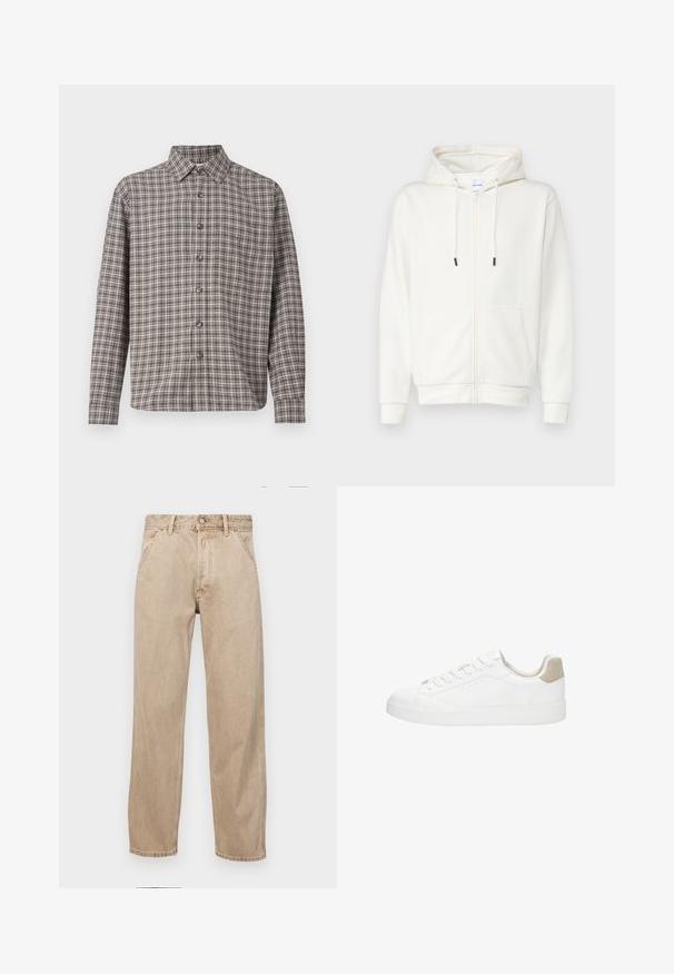 Witte zip-up hoodie gemaakt van zachte stof, met een voorzak, trekkoorden en ribgebreide manchetten. Gladde textuur met een minimalistisch ontwerp.; Bruine en crèmekleurige geruite shirt met een button-down kraag, lange mouwen en voorknopen; gemaakt van gemêleerde stof.; Beige denim jeans met een recht gesneden ontwerp, voorzien van voorzakken, een metalen knoopsluiting en een subtiele textuur.; Witte sneakers met een gladleren bovenkant en een ronde neus. Voorzien van een tan suède hakkap, vlakke veters en een witte rubberen zool.