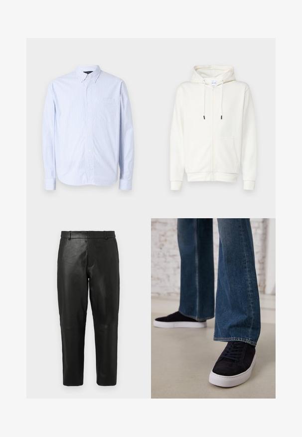 Valge lukuga kapuutsiga sviiter, mis on valmistatud pehmest kangast, esipocket, nöörid ja soonikkoes varrukad. Sile tekstuur ja minimalistlik disain.; Rinnaga särk helesinistest ja valgetest vertikaalsetest triipudest. Omab krae, pikka varrukat ja rinna taskut. Valmistatud kudumiskangast.; Mustad nahast sirged püksid, millel on vööaasad ja küljetaskud, esitatuna heleda ühtlase tausta ees.; Tumedat sinised nubukist spordijalatsid valge kummist tallaga ja nööpidega, mis on ühendatud laia jala denimidest teksadega keskmise sinise pesu toonis.