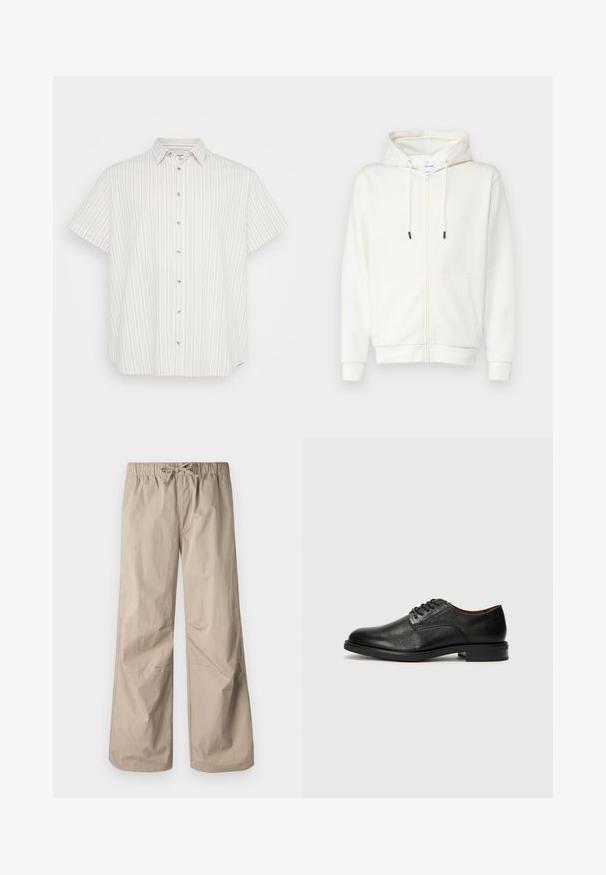 Hvid lynlås hoodie lavet af blødt stof, med en frontlomme, snoretræk og ribbede bek. Glat tekstur med minimal design.; Korte ærmer knap-up skjorte i lys beige med lodrette striber i forskellige nuancer. Har en klassisk krave og en let stofaftagning.; Beige brede bukser med elastisk talje og snøre. Glat tekstur, to sidelommer og minimale sømme for en afslappet pasform.; Tommy Hilfiger VOGUE LTH - Business sko - black
