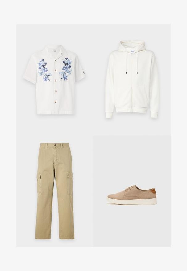 Biała bluza z kapturem na zamek, wykonana z miękkiego materiału, z przednią kieszenią, sznurkami do regulacji i ściągaczami na rękawach. Gładka tekstura z minimalistycznym wzornictwem.; Biała koszula z krótkim rękawem z niebieskimi haftami w kwiaty, brązowymi guzikami z przodu oraz luźnym fasonem kołnierza.; Beżowe spodnie cargo wykonane z bawełny, z dwoma bocznymi kieszeniami, z zapięciem na guzik oraz prostymi nogawkami z lekko teksturowanej tkaniny.; Beżowe zamszowe sneakersy z okrągłym noskiem, sznurowanym przodem i teksturowanym akcentem na tyle. Biała gumowa podeszwa tworzy kontrast. Prosty i nowoczesny design.