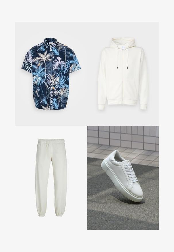 Balta kapuce ar rāvējslēdzēju, izgatavota no mīksta auduma, ar priekšējo kabatu, auklām un ribotām piedurknēm. Gluda tekstūra ar minimālu dizainu.; Kreklu ar īsām piedurknēm, kas rotāts ar tumši zilu fona un gaiši zilu, baltu un oranžu tropisko lapu un putnu rakstu. Ražots no kokvilnas materiāla.; Baltas treniņbikses, izgatavotas no mīkstas auduma, ar elastīgu jostu un piedurknēm, gluda tekstūra un brīva piegriezuma dizains.; Baltas ādas sporta apavi ar gludu virsmu, apaļu pirkstu un plakanām baltām šņorēm. Iezīmējas ar strukturētu gumijas zoli un minimālisma dizaina elementiem.