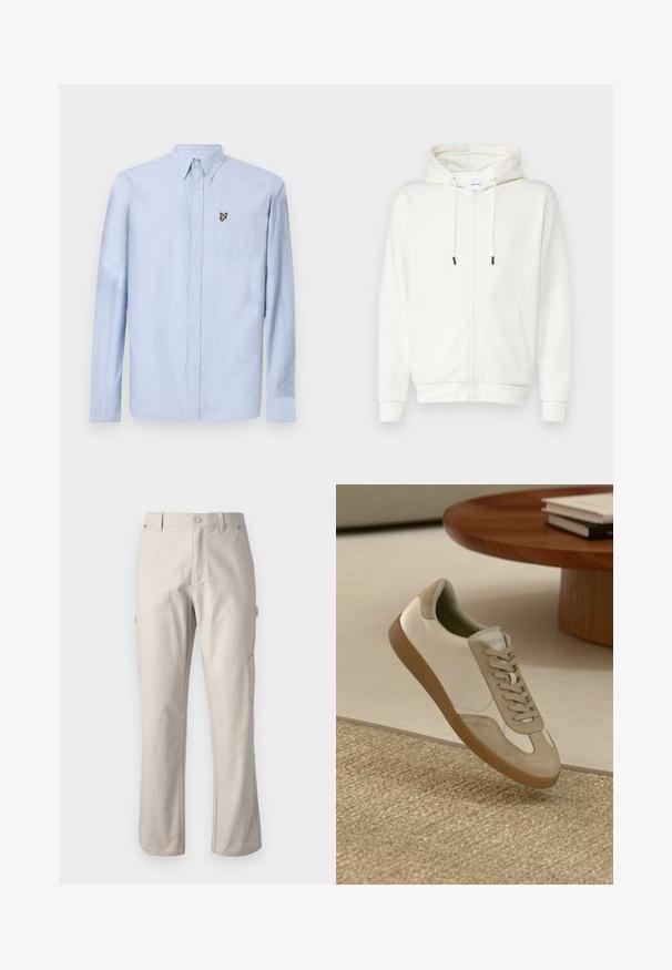 Witte zip-up hoodie gemaakt van zachte stof, met een voorzak, trekkoorden en ribgebreide manchetten. Gladde textuur met een minimalistisch ontwerp.; Lichtblauwe langetermijnoverhemd met button-down kraag, borstzak en geborduurd logo. Gemaakt van textuurkatoenen stof.; Beige cargobroek van stevig katoen met rechte pijpen, voorknopsluiting en zijzakken voor gebruiksgemak. Gladde textuur met subtiele stiksels.; Lichte sneaker met een witte leren bovenkant en beige suède accenten, een ronde neus en een gestructureerde bruine rubberen zool.